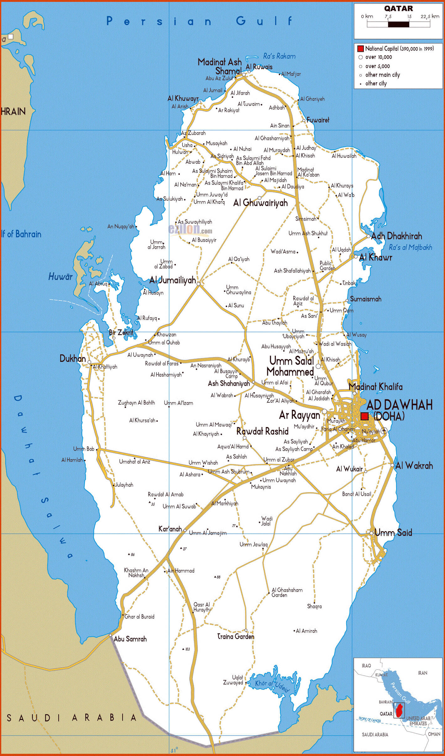 Qatar road map with major cities